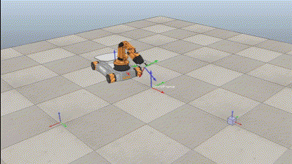CoppeliaSim animation of a YouBot mobile manipulator completing a pick-and-place task